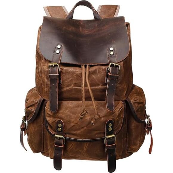 Rugged Leather and Waxed Canvas Backpack for Men, Shoulder Rucksack for Travel - Picture 7 of 7